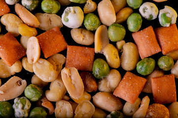 A pile of mixed nuts, healthy snack,  on black background