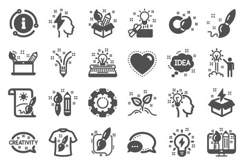 Creativity brush icons. Set of Design, Idea and Inspiration linear icons. Imagination, Idea box and Creative design. Brush with draw pencil, T shirt and Out of the box creativity. Quality set. Vector