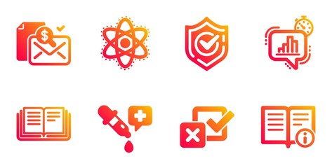 Accounting report, Checkbox and Education line icons set. Chemistry pipette, Statistics timer and Chemistry atom signs. Confirmed, Technical info symbols. Check finance, Survey choice. Vector