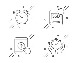 Recovery ssd, Swipe up and Alarm clock line icons set. Timer sign. Backup info, Scrolling screen, Time. Deadline management. Science set. Line recovery ssd outline icon. Vector