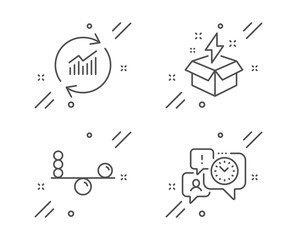 Balance, Update data and Creative idea line icons set. Time management sign. Concentration, Sales statistics, Lightning. Office chat. Education set. Line balance outline icon. Vector