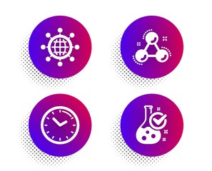 International globe, Chemistry molecule and Time icons simple set. Halftone dots button. Chemistry lab sign. World networking, Laboratory atom, Clock. Laboratory flask. Education set. Vector