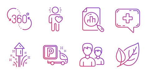 Friend, 360 degree and Fireworks line icons set. Couple, Truck parking and Analytics graph signs. Medical chat, Leaf symbols. Love, Virtual reality. Business set. Gradient friend icon. Vector