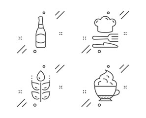 Food, Gluten free and Beer bottle line icons set. Cappuccino cream sign. Chef hat, Bio ingredients, Brewery. Coffee with whipped cream. Food and drink set. Line food outline icon. Vector