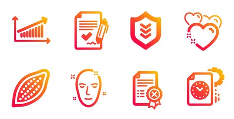 Reject certificate, Heart and Shield line icons set. Approved agreement, Health skin and Chart signs. Cocoa nut, Project deadline symbols. Decline file, Love. Business set. Vector