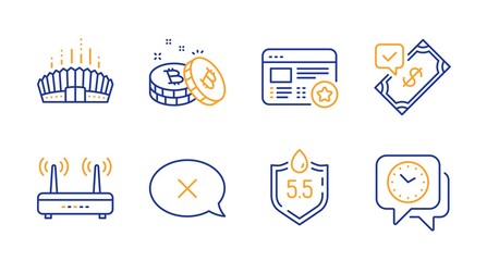 Reject, Favorite and Arena stadium line icons set. Wifi, Accepted payment and Ph neutral signs. Bitcoin, Clock symbols. Delete message, Star feedback. Line reject icon. Vector