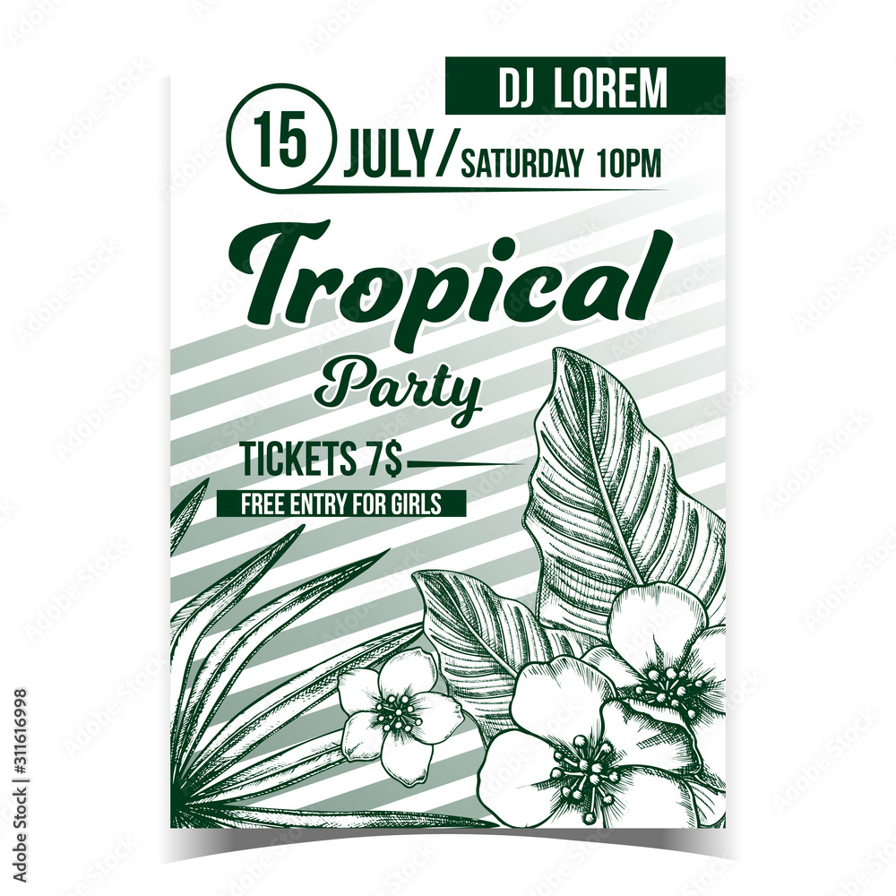 Sticker tropical exotic leaves and flowers poster vector. beautiful flowering floral plantain frond leaves d