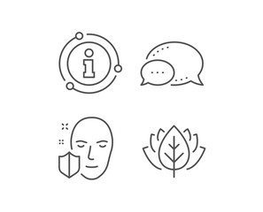 Face detection protected line icon. Chat bubble, info sign elements. Secure access sign. Facial identification symbol. Linear face protection outline icon. Information bubble. Vector