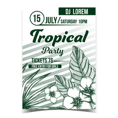 Tropical Exotic Leaves and Flowers Poster Vector. Beautiful Flowering Floral Plantain Frond Leaves Depicted On Musician Tropical Party Banner. Nature Botanical Herbs Drawn Monochrome Illustration