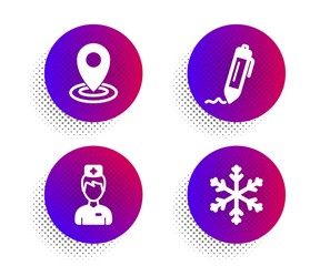 Doctor, Signature and Location icons simple set. Halftone dots button. Snowflake sign. Medicine person, Written pen, Map pointer. Snow. Science set. Classic flat doctor icon. Vector