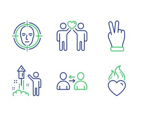 Friends couple, Victory hand and Communication line icons set. Fireworks, Face detect and Heart flame signs. Friendship, Gesture palm, Users talking. Party pyrotechnic. People set. Vector
