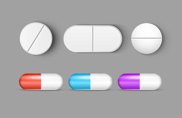 Pills medicine capsule vector icon isolated set. Pharmacy pill treatment painkiller or vitamin medicine