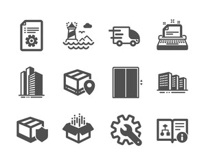 Set of Industrial icons, such as Technical documentation, Lighthouse, Skyscraper buildings, Delivery insurance, Open box, Buildings, Truck delivery, Typewriter, Parcel tracking, Lift. Vector