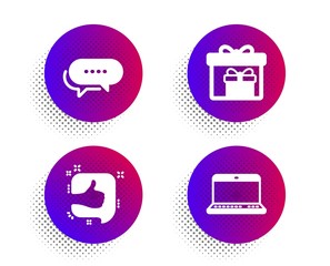 Like, Delivery boxes and Dots message icons simple set. Halftone dots button. Notebook sign. Thumb up, Birthday gifts, Chat bubble. Laptop computer. Business set. Classic flat like icon. Vector