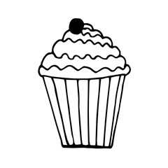 Simple cupcake, graphic image. Cute, funny, cartoon, black lines on white background, isolated. For decoration, coloring.