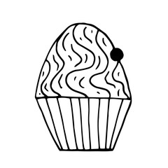 Simple cupcake, graphic image. Cute, funny, cartoon, black lines on white background, isolated. For decoration, coloring.