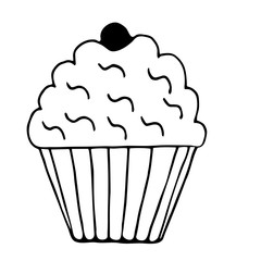Simple cupcake, graphic image. Cute, funny, cartoon, black lines on white background, isolated. For decoration, coloring.