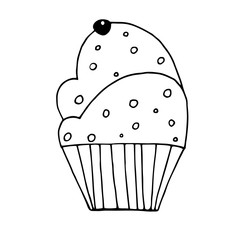 Simple cupcake, graphic image. Cute, funny, cartoon, black lines on white background, isolated. For decoration, coloring.