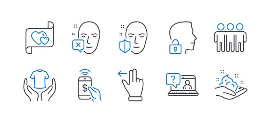 Set of People icons, such as Hold t-shirt, Faq, Face declined, Face protection, Friendship, Unlock system, Phone payment, Touchscreen gesture, Love letter, Skin care line icons. Vector