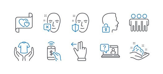 Set of People icons, such as Hold t-shirt, Faq, Face declined, Face protection, Friendship, Unlock system, Phone payment, Touchscreen gesture, Love letter, Skin care line icons. Vector