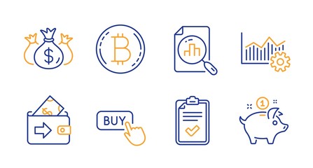 Checklist, Check investment and Wallet line icons set. Buy button, Bitcoin and Analytics graph signs. Operational excellence, Saving money symbols. Survey, Business report. Finance set. Vector