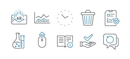 Set of Science icons, such as Trash bin, Trade infochart, Report checklist, Augmented reality, Swipe up, Technical info, Time, Chemistry lab, Dermatologically tested, Recovery data. Vector