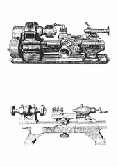 Lathe, front view. Lathe Rig, vintage line drawing or engraving illustration.