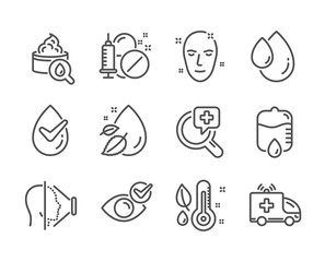 Set of Healthcare icons, such as Oil drop, Moisturizing cream, Water drop, Health skin, Check eye, Dermatologically tested, Thermometer, Face id, Ambulance car, Medical analyzes. Oil drop icon. Vector