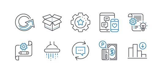 Set of Technology icons, such as Settings gear, Social media, Open box, Update comments, Reload, Parking payment, Cogwheel, Shower, Cogwheel blueprint, Decreasing graph line icons. Vector