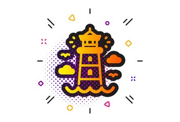 Beacon tower sign. Halftone circles pattern. Lighthouse icon. Searchlight building symbol. Classic flat lighthouse icon. Vector