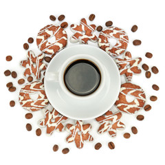 Cup with coffee and gingerbread cookies isolated on white background. Flat lay, top view.