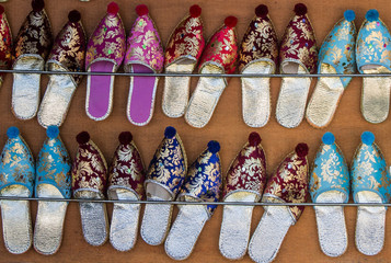 Set of traditional Turkish hand made slippers in bazaar