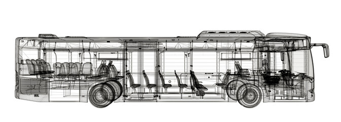 View of a sectioned city bus for passenger transport, project drawings, 3d illustration, 3d rendering