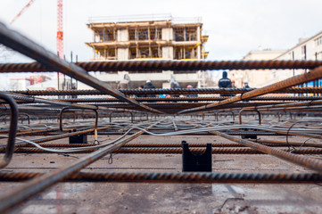 Rebars on the construction site. Building. The use of metal in modern construction.