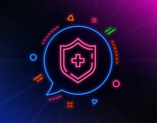 Fototapeta na wymiar Medicine shield line icon. Neon laser lights. Medical protection sign. Glow laser speech bubble. Neon lights chat bubble. Banner badge with medical shield icon. Vector