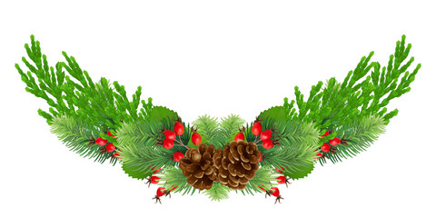 Realistic New Year green coniferous garland / wreath. Natural festive decor. Isolated without shadow.