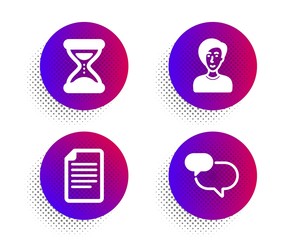 File, Time and Businesswoman person icons simple set. Halftone dots button. Chat message sign. Paper page, Clock, Female user. Speech bubble. Business set. Classic flat file icon. Vector