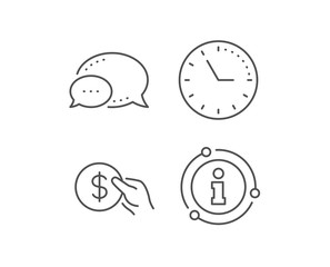Hold Coin line icon. Chat bubble, info sign elements. Banking currency sign. Dollar or USD symbol. Linear payment outline icon. Information bubble. Vector