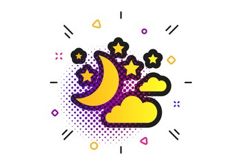 Moon, clouds and stars icon. Halftone dots pattern. Sleep dreams symbol. Night or bed time sign. Classic flat stars icon. Vector