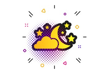 Moon, clouds and stars icon. Halftone dots pattern. Sleep dreams symbol. Night or bed time sign. Classic flat sleep icon. Vector