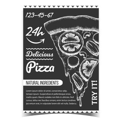 Vegetable Pizza Italian Slice Piece Poster Vector. Cooked Pizza With Ingredients Mushrooms And Mozzarella Cheese, Tomatoes And Olives Natural Ingredient Concept. Designed Monochrome Illustration