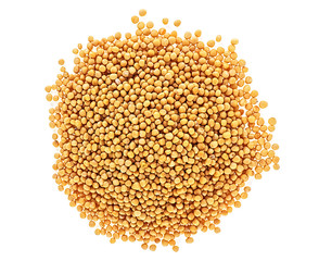 Yellow mustard seeds isolated on white background, top view.