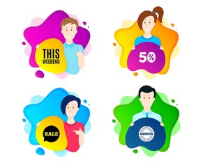 This weekend symbol. People shape offer badge. Special offer sign. Sale. Dynamic shape offer. Worker person badge. Cut out people coupon. This weekend text. Vector