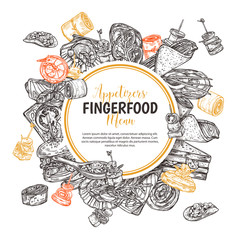 Finger food round banner, label or poster with design for restaurant, cafe. Snacks, appetizers, mini canapes, sandwiches, seafood, hamburger, rolls on backgraund. Vector monochrome illustration