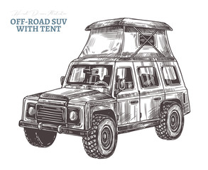 Fototapeta premium Vector off-road suv car with rooftop tent. Hand drawn sketch automobile for bad roads, safari, extreme sport, rally and mountain adventure. Engraving illustration