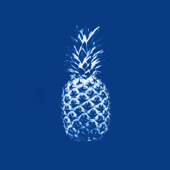 Pineapple in monochrome on a blue background. Concept abstraction, surrealism, color of the year 2020, food.