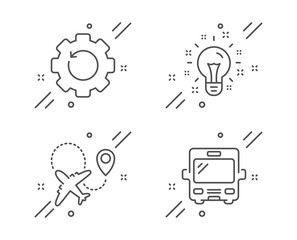 Recovery gear, Airplane and Idea line icons set. Bus sign. Backup info, Plane, Creativity. Tourism transport. Technology set. Line recovery gear outline icon. Vector