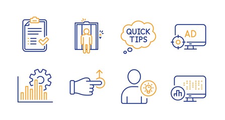 Drag drop, Seo adblock and Quick tips line icons set. User idea, Seo graph and Elevator signs. Approved checklist, Report statistics symbols. Move, Search engine. Technology set. Vector