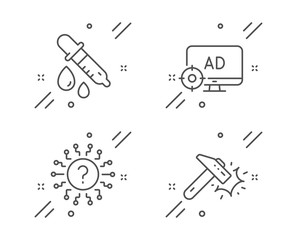 Question mark, Chemistry pipette and Seo adblock line icons set. Hammer blow sign. Quiz chat, Laboratory, Search engine. Crash tool. Technology set. Line question mark outline icon. Vector