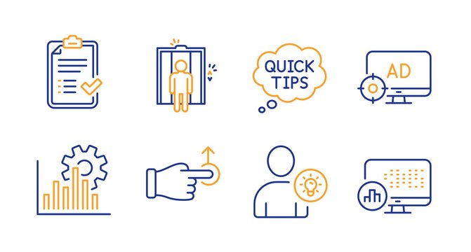 Drag drop, Seo adblock and Quick tips line icons set. User idea, Seo graph and Elevator signs. Approved checklist, Report statistics symbols. Move, Search engine. Technology set. Vector